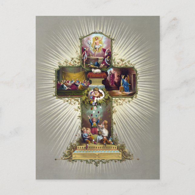Postal Vintage Easter Cross Festividad Religiosa Oro (Anverso)