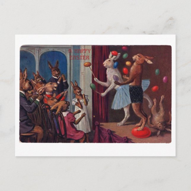 Postal Vintage Easter Greeting Card - Bunnies malabarismo (Anverso)