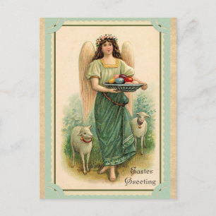 Postal Vintage Easter Greetings Angel Sheep Eggs