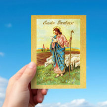 Vintage Easter Greetings Shepherd Sheep Lamb Jesus