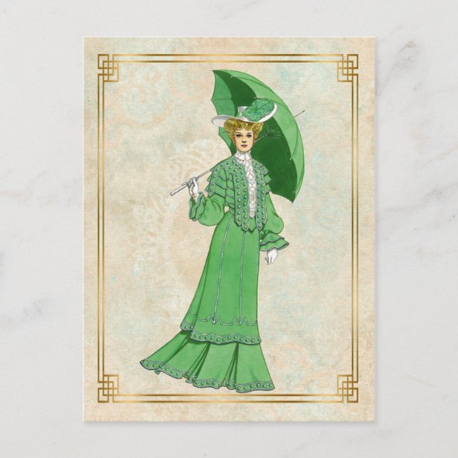 Postal Vintage Edwardian Green Dress and Umbrella (Anverso)