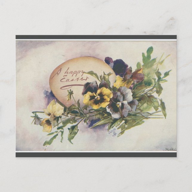 Postal Vintage Egg and Pansies Easter (Anverso)