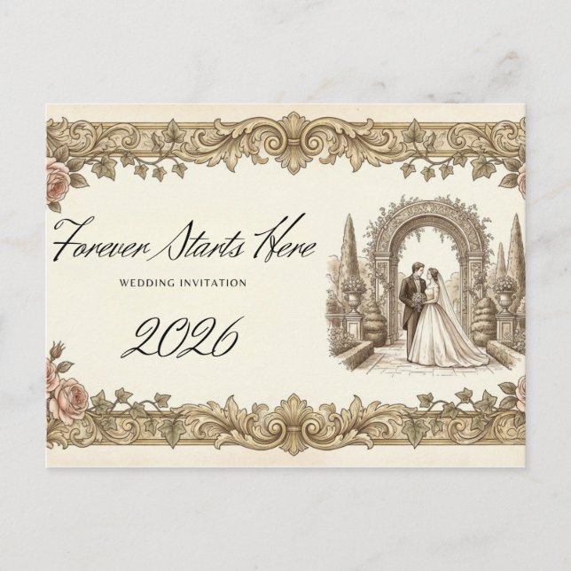 Postal Vintage Elegant Floral Wedding Invitation Postcard (Anverso)