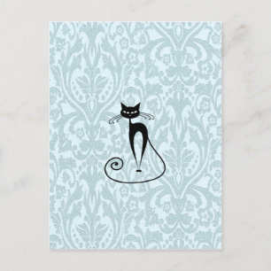 Postal Vintage elegante del damasco del gato negro