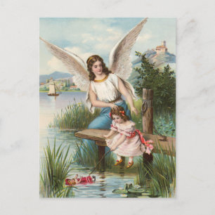 Postal Vintage Engel Schutzengel mit Mädchen