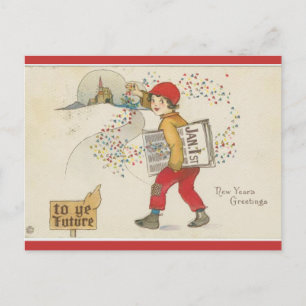 Postal Vintage Entregando periódicos Año Nuevo