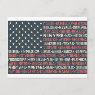 Postal Vintage Faded American Flag State nombra palabras 