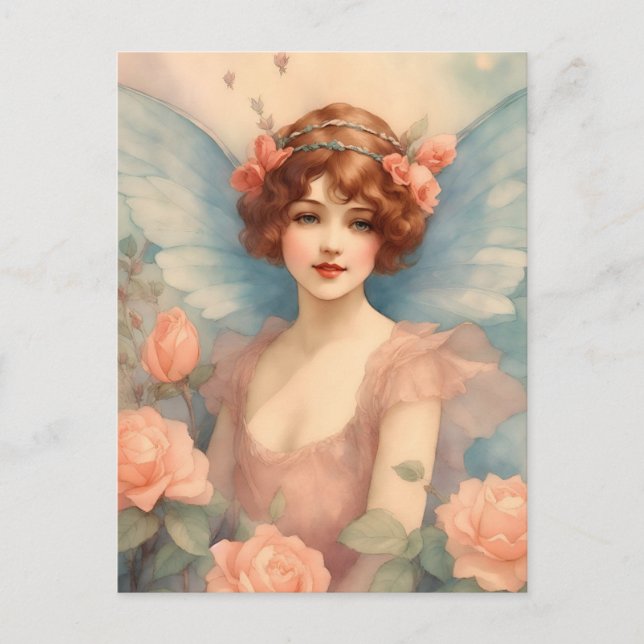Postal Vintage Fairy in Rosa Garden (Anverso)
