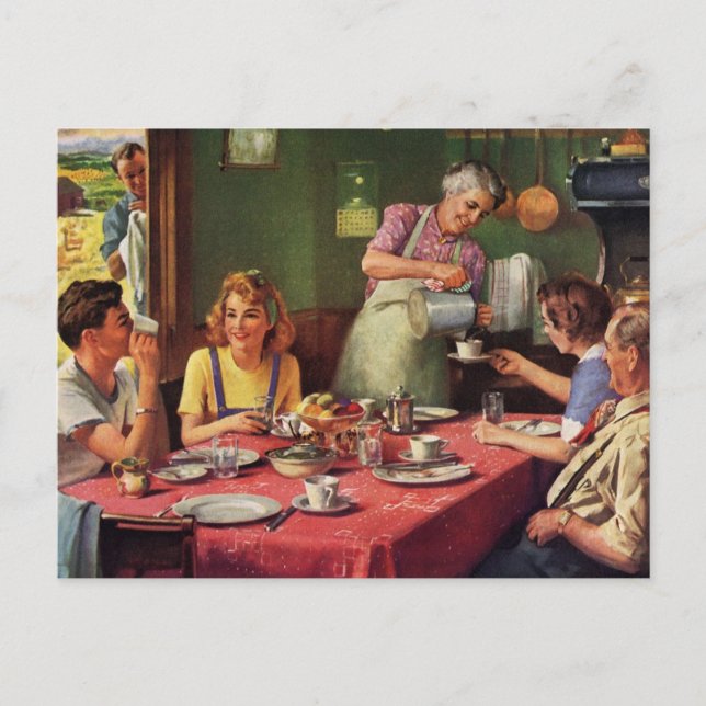 Postal Vintage Family come Breakfast en la cocina (Anverso)