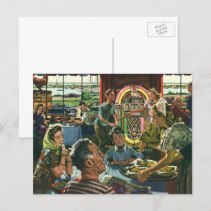 Postal Vintage Family Dinner en una cena con jukebox