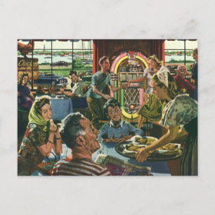 Postal Vintage Family Dinner en una cena con jukebox