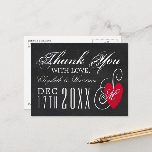 Postal Vintage Fancy Heart - Boda de Chalkboard Gracias (Anverso/Reverso In Situ)