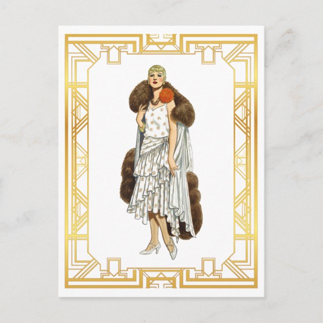Postal Vintage Fashion Flapper Fur Cape Evening Gown (Anverso)
