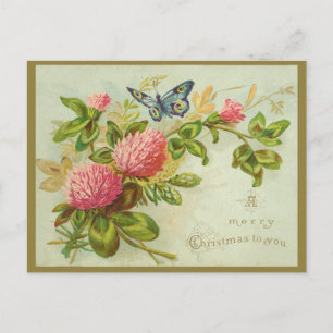 Postal Vintage Feliz Navidad con mariposa y flores
