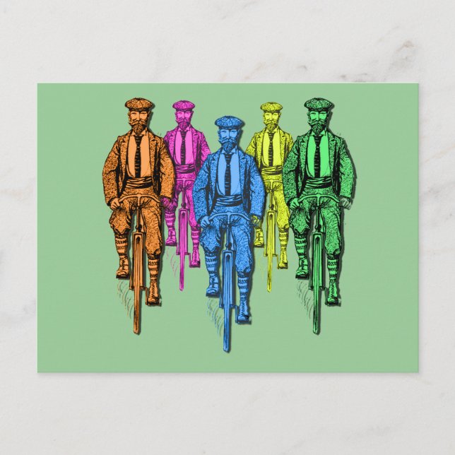 Postal Vintage Five Fellas on Bikes Ilustracion (Anverso)
