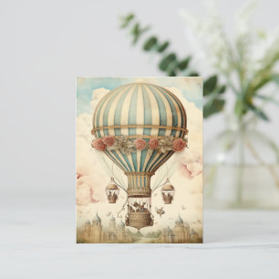 Postal Vintage Floral Blue Stripe Hot Air Balloon