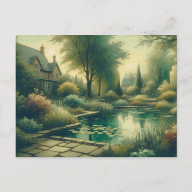 Postal Vintage Garden Pond Green Plants (Anverso)