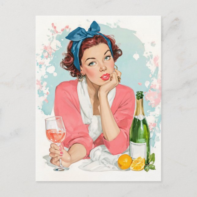 Postal Vintage Girl with Pink Champagne (Anverso)