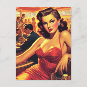 Postal Vintage Glamour Chica Vestido Rojo