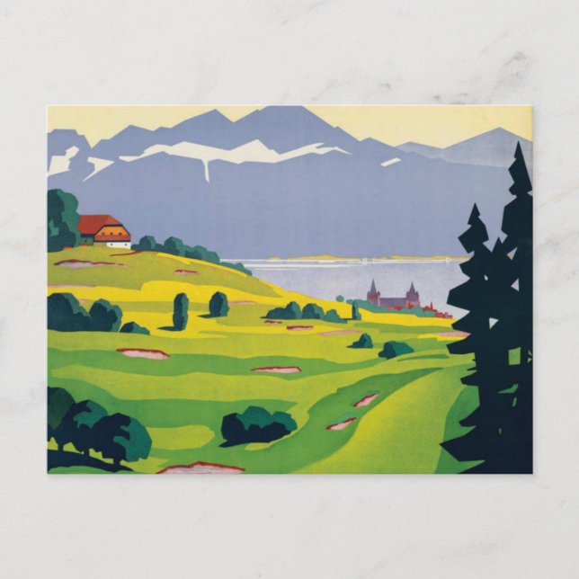 Postal Vintage Golf Lausanne City Lake Suiza (Anverso)