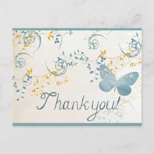 Postal Vintage Gracias Mariposa Azul Gris Floral
