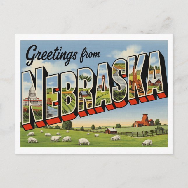 Postal Vintage "Greetings from Nebraska" (Saludos desde N (Anverso)