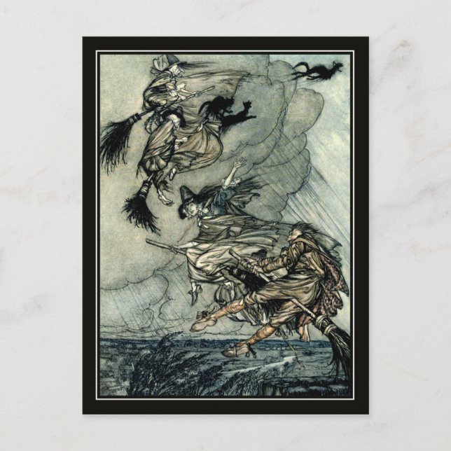 Postal Vintage Halloween Arthur Rackham Testigos Voladore (Anverso)
