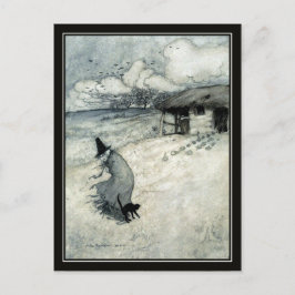 Postal Vintage Halloween Arthur Rackham Witch + Black Cat