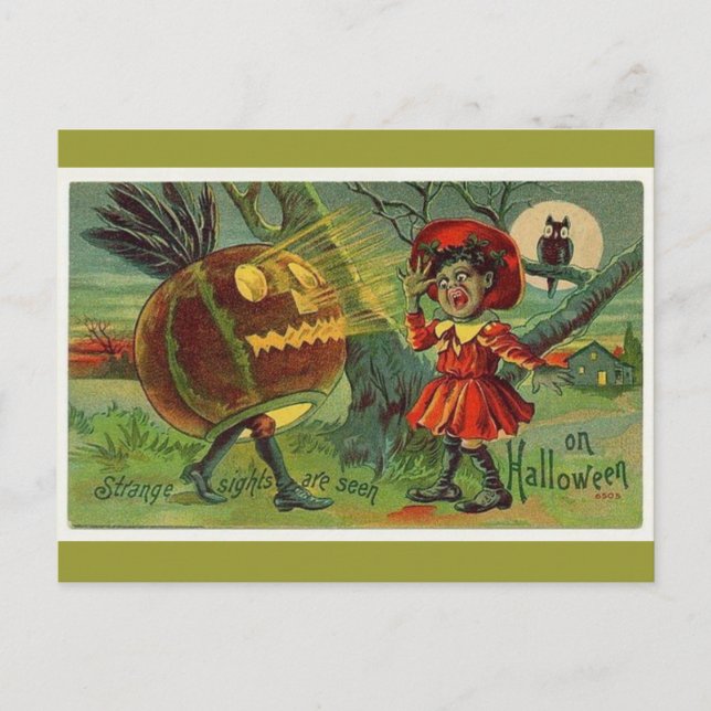 Postal vintage-halloween asustado-chica-owl-pumpkin-card (Anverso)