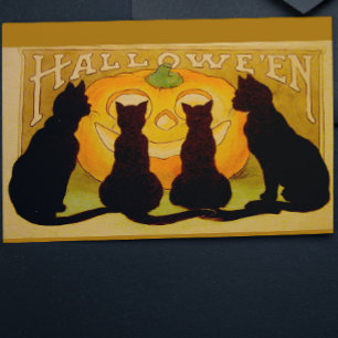 Postal Vintage Halloween Black Cats y Jack O'Lantern