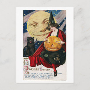 Postal Vintage Halloween Bonito Bruja y hombre en la luna