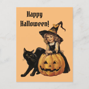 Postal Vintage Halloween Bruja con gato negro y calabaza