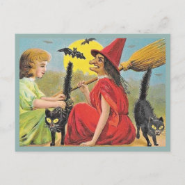 Postal Vintage Halloween Bruja Roja Con Bats Y Gatos Negr