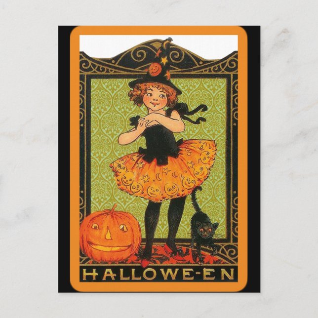 Postal Vintage Halloween Chica Bruja, calabaza, gato negr (Anverso)