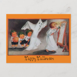 Postal Vintage Halloween Chica con velas