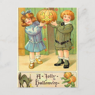 Postal Vintage Halloween Chica y niño