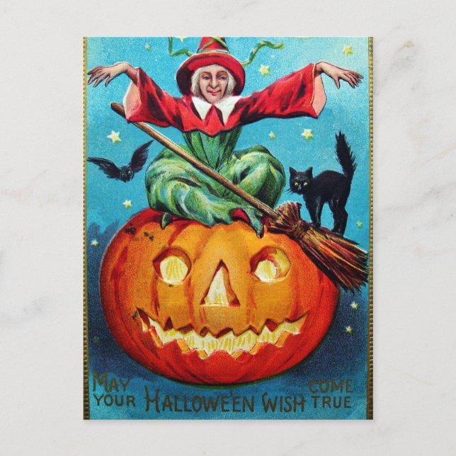 Postal vintage Halloween con calabaza de brujas (Anverso)