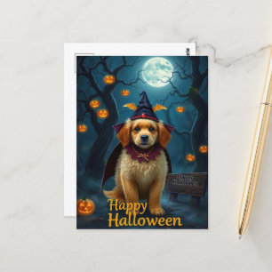 Postal Vintage Halloween Curte Pup con linterna de calaba