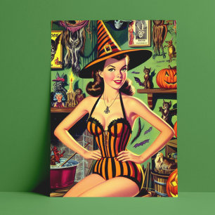 Postal Vintage Halloween Cute Witch Pinup