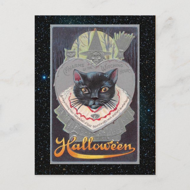 Postal Vintage Halloween Funnycat ilustracion (Anverso)