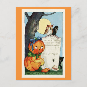 Postal Vintage Halloween Greetings Pumpkin Graveyard