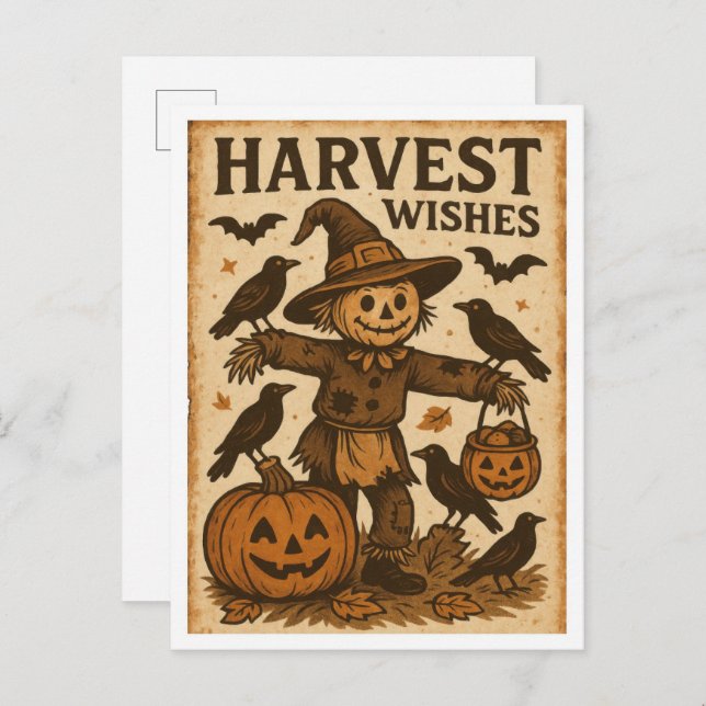 Postal Vintage Halloween Harvest Wishes (Anverso / Reverso)
