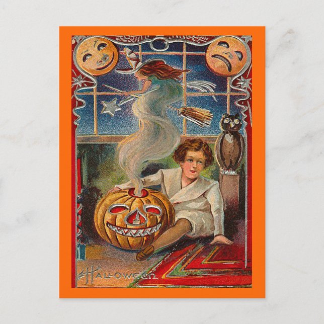 Postal Vintage Halloween Jack-0-Lantern y Boy (Anverso)