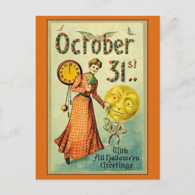 Postal Vintage Halloween saluda a mujer victoriana (Anverso)