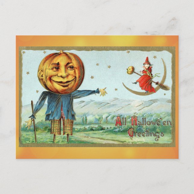 Postal Vintage Halloween Saludos Calabaza Bruja (Anverso)