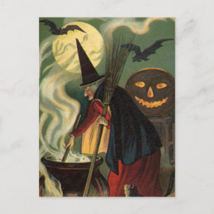 Postal Vintage Halloween Witch Stirring Magic Cauldron
