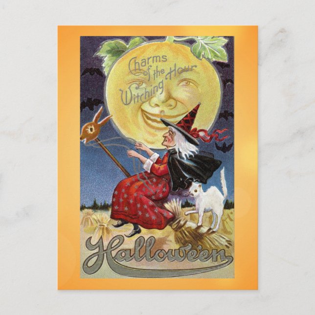 Postal Vintage Halloween Witch Witght Hour (Anverso)