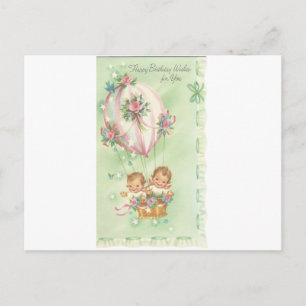 Postal Vintage Happy Birday Balloon Con Bebés