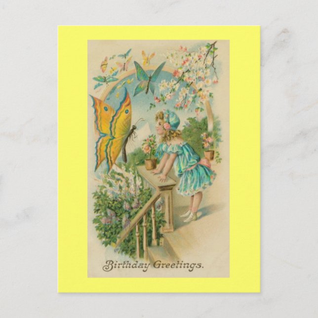 Postal Vintage Happy Birday Spring Butterflies (Anverso)