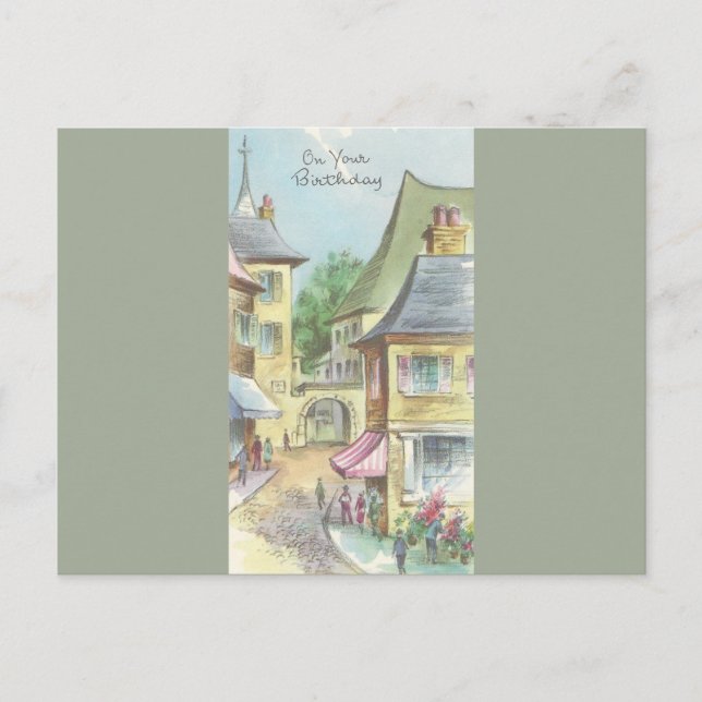 Postal Vintage Happy Birday With Village (Anverso)